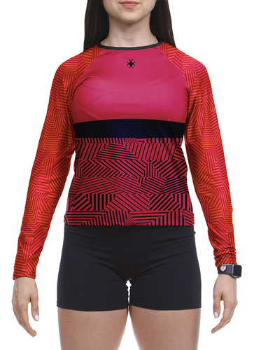 Camiseta Manga Longa Feminina Geometrico Listrado Vermelho