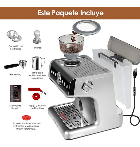 Sangkee Cafetera Espresso Con Espumador De Leche Y Molino De Café, Filtros Portafiltro Estándar, Kit Barista Completo Para Espresso Y Capuchino Latte, Depósito De Agua Extraíble De 2.8l, 20 Bar, 1500w