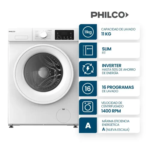 Lavarropas Philco 11 Kg Carga Frontal Inverter Slim Fit Blanco