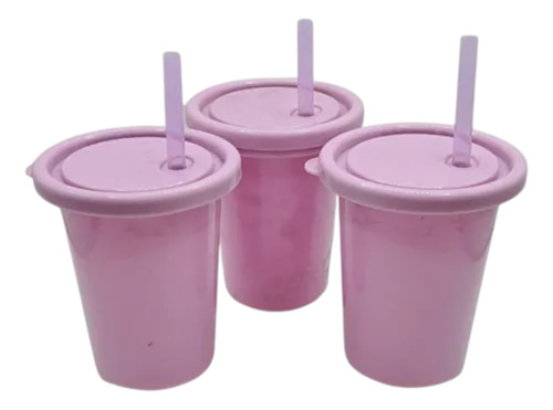 Set 3 Vasos Con Tapa Y Popote Plastico