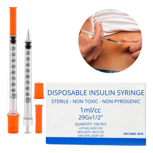 X100 Jeringa Insulina 1 Ml/cc 29gx1/2  Jeringas Desechables