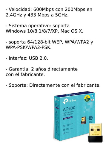 Imagen 3 de 10 de Adaptador De Red Tp-link Wifi Usb Banda Dual Archer T2u Nano