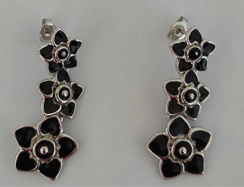 Aretes Largos Negros En Forma De Flor Acero Inoxidable