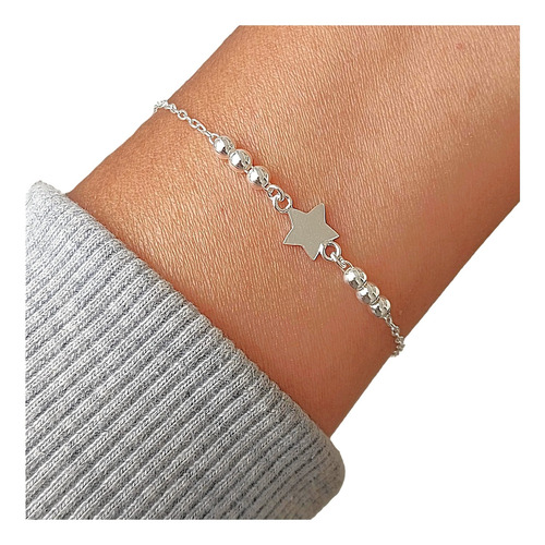 Pulsera De Bolitas Y Estrella Plata 925 Estuche Garantia Plateado 5.08 Cm 17 Cm