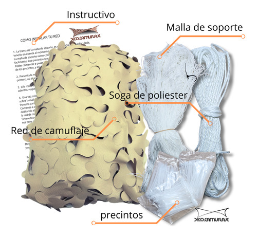 Kit Red De Camuflaje 3x4 Arena Decocamuflaje incluye: red de camuflaje en 1 solo paño, malla de soporte, soga perimetral y precintos