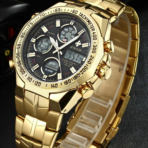 Relógio Masculino Wwoor 8019 Esporte Dourado Original