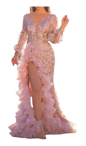 Vestido De Noche Sexy De Malla Larga Rosa Con Cuentas A La A