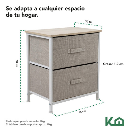 Kinghouse KINGCHEST2 Mesa de Noche Comoda 2 Cajones De Tela Tablero De Madera Recamara Color Beige