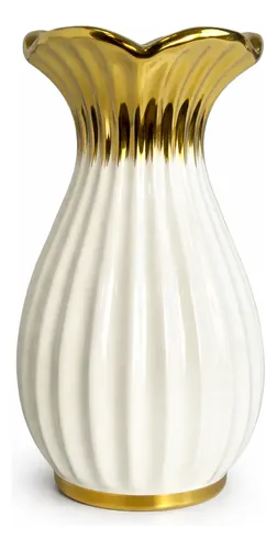 Vaso Decorativo Em Cerâmica Branco Com Detalhe Dourado Flor