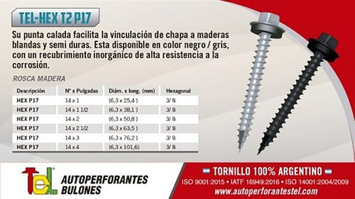 Imagen 3 de 5 de Tornillo Tel Hexagonal P17 Punta Calada 14x3