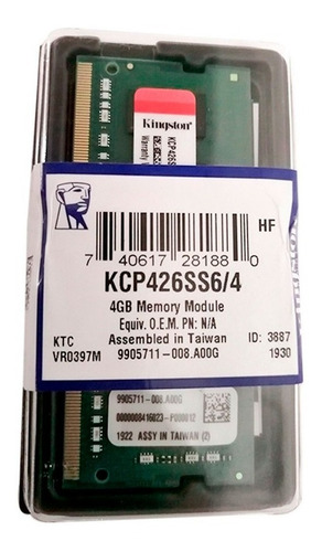 Imagen 1 de 6 de Memoria Ram 4gb Ddr4 2666 Mhz Kingston Para Portatil Y Aio