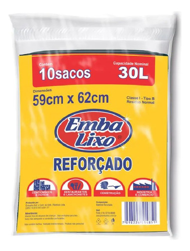 Saco P/ Lixo Embalixo 30 Litros Reforçado C/ 10 Unid 59x62cm