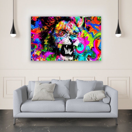 Canvas | Mega Cuadro Decorativo | Leon Abstracto | 140x90 Color Leon Atacando