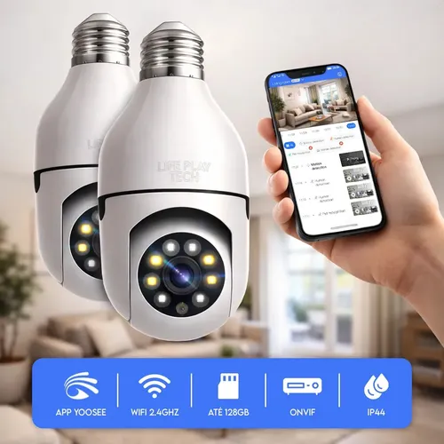 Kit 2 Câmeras Segurança Lâmpada WiFi 360° Full HD 1080p Visão Not...