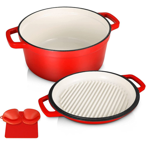 2 In 1 Dutch Oven, Enameled Cast Iron, 5.17 Liters