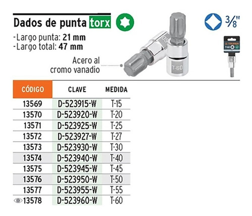 Dado T-55 Punta Torx Cuadro 3/8'' T55 Truper 13577