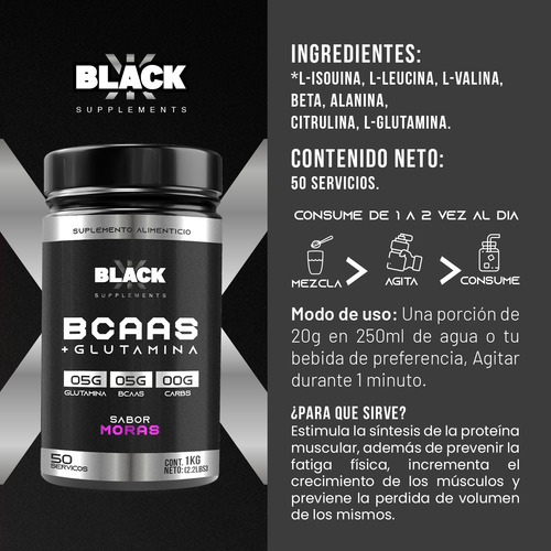 Black Supplements Aminoácidos Bcaas + Glutamina 1kg Moras