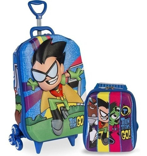Kit Mochila Jovens Teen Titans Infantil Masculina Rodinha 3d