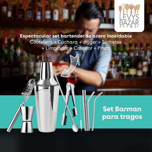 Imagen 2 de 9 de Set Kit Bartender Barman Coctelera Tragos Bebidas Acero Inox