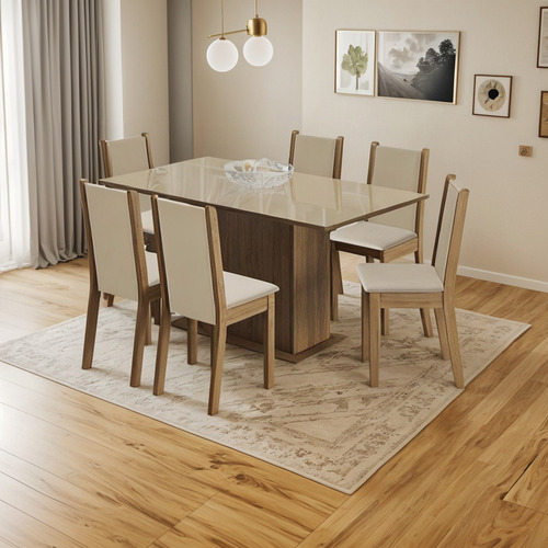 Madesa Moscou Plus para Comedor, 6 Sillas con Tapa de Cristal Color Marrón/Crema/Perla y Diseño de tela lisa