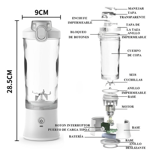 Vaso Licuadora Portatil Recargable Usb 600ml 1800rpm Negro