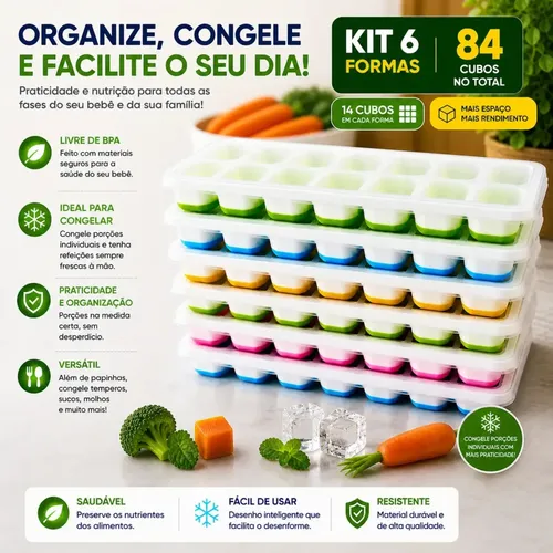 Kit 6 Formas De Gelo Silicone Tampa 14 Cubos Bebê Comida Multicolor