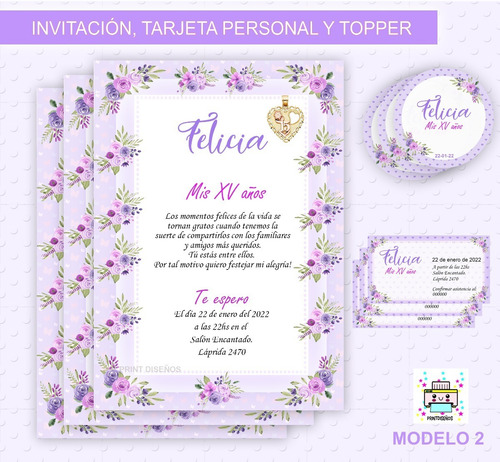 Tarjeta Invitación Cumple De 15 Topper, Personal Imprimir M2