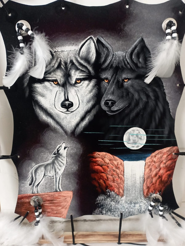 Cuadro De Atrapasueño De Lobos Y Cascada Con Plumas Y Conejo