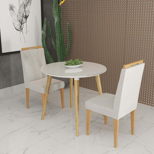 Conjunto De Mesa Redonda Veneza Com Vidro E 2 Cadeiras Onix Cor Branco/bege Claro