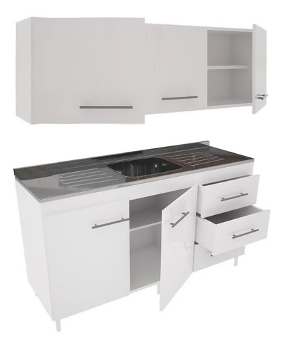 Combo Cocina 1.40 Bajo Mesada + Alacena + Mesada Acero Bacha