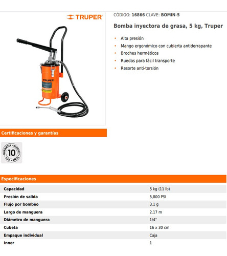 Bomba Inyectora Grasa 5 Kg Truper 16866