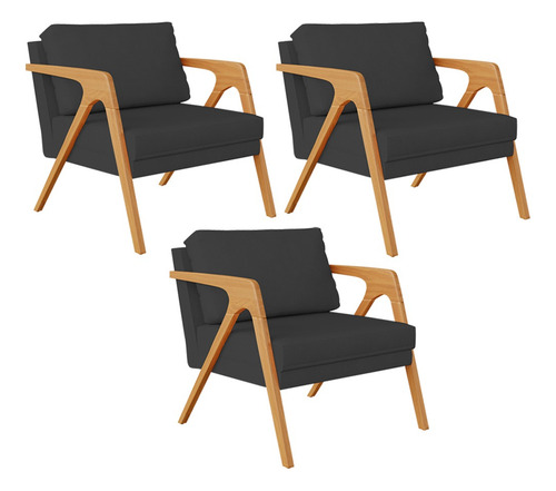 Kit 03 Poltronas Decorativa Sala De Estar Pietra Suede Preto Desenho Do Tecido Liso