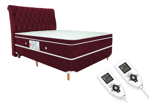 Colchão Magnético Casal 1,38x1,88 Hr Premium Massageador 2 Controles Energia Bio Quântica Infra Vermelho + Cama Box Cor Bordô