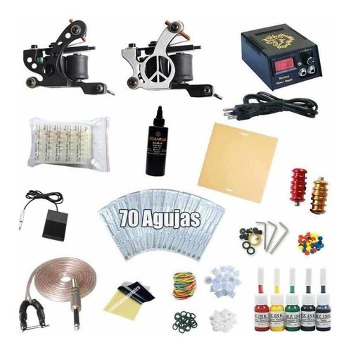 Kit Tatuaje Tatuar Tattoo 2 Maquinas Con 70 Agujas Tinta Pro