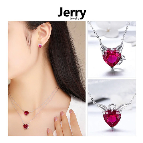 Imagem 4 de 6 de Colar Anjo Em Prata Com Pedra Vermelha Zircônia 45cm - Jerry