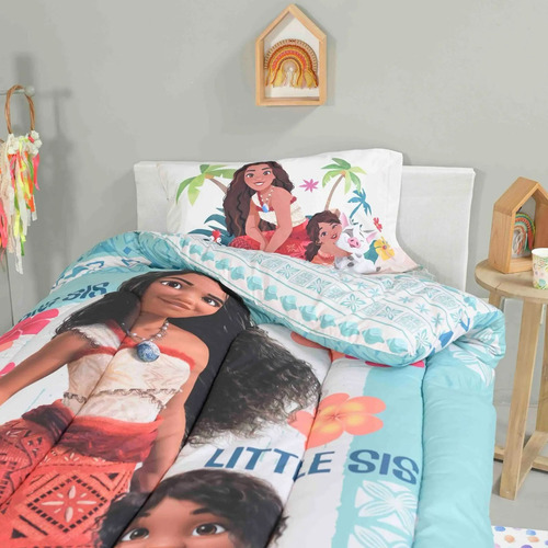 Kit Acolchado + Juego De Sabanas Moana 2 Piñata 1 1/2 Plaza Celeste Moana 2