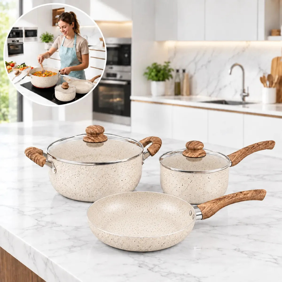 Batería de Cocina Lozano Home Antiadherente de Aluminio Crema con 5 Piezas