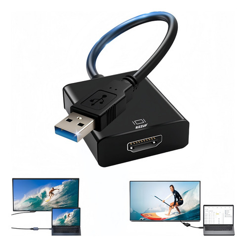 Rizzup®usb A Hdmi Adaptador Usb Gamer Convertidor Super Video A Hdmi Cable Conectores Monitor Pc Computadoras Full Hd Audio Y Video Sincronizados, Alta Calidad Gomita Usb3.0 1080p 4k