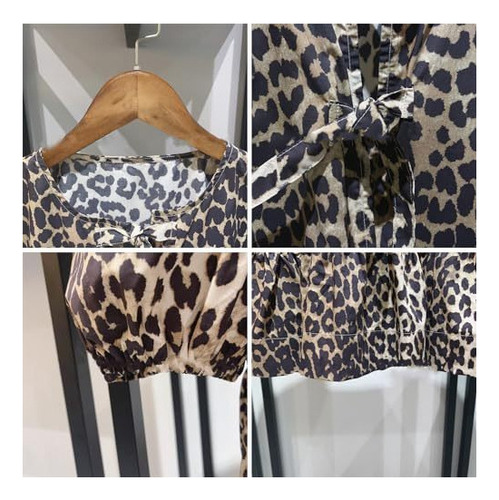 Top Mangas Abullonadas Con Volantes Y Estampado De Leopardo