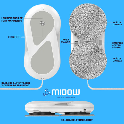 Robot Limpia Vidrios Inteligente Midow Interior Exterior 90w Con Deposito De Liquido Control Remoto O App