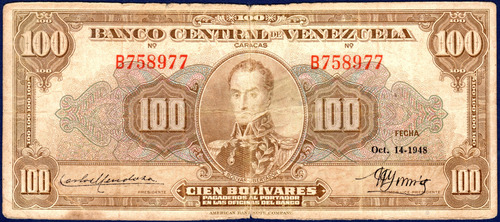 Billete De 100 Bolívares B6 Octubre 14 1948 Simón Bolívar