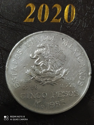 Moneda Antigua Plata Ley O.720  Cinco Pesos Hidalgo