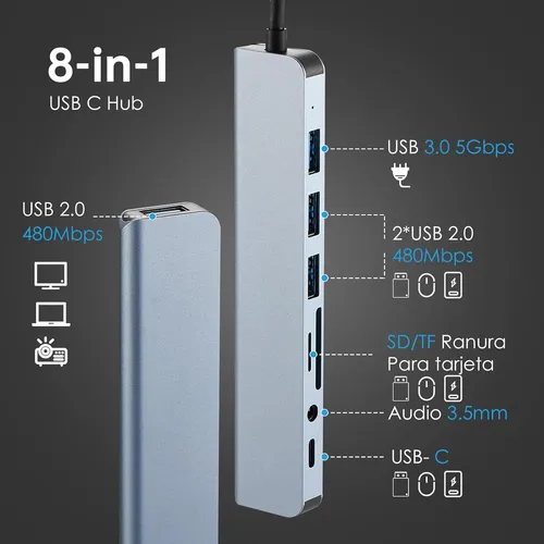 Hub Adaptador Portátil Usb C 8 Puertos Hdmi Tipo C Sd Plug