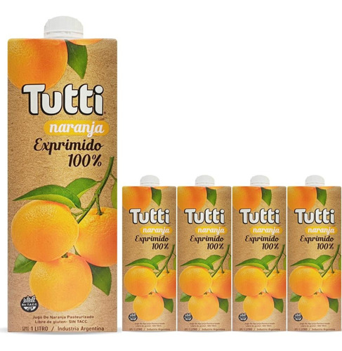 Jugo De Naranja Exprimido Pasteurizado Sin Tacc Tutti 1lt X4
