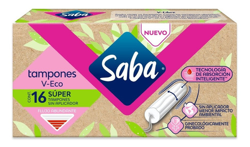 Saba Tampones  Súper V-eco Flujo Abundante Sin/aplicador 16u