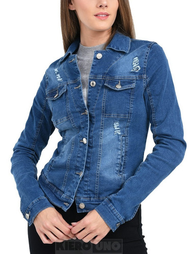 Imagen 4 de 6 de Campera Jean Elastizada Con Roturas Mujer Dama Kierouno