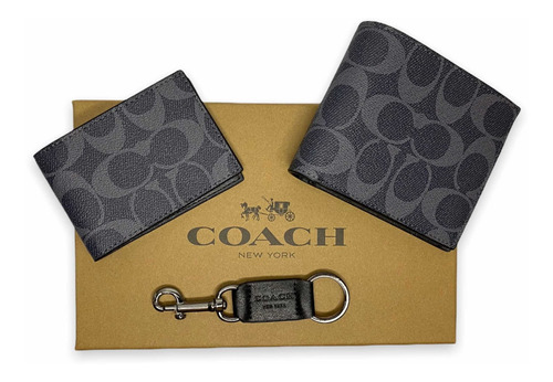 Cartera Coach Monograma Gris, Tarjetero Y Llavero Original.