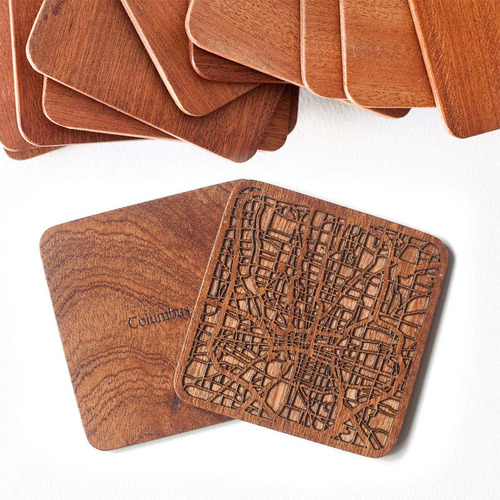 Columbus, Oh Map Coaster, Set Of 4, Sapele Wooden Coaster Co