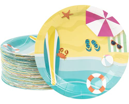 80 Count Beach Party Plates, 9 Inch Paper Pool Plates, ..