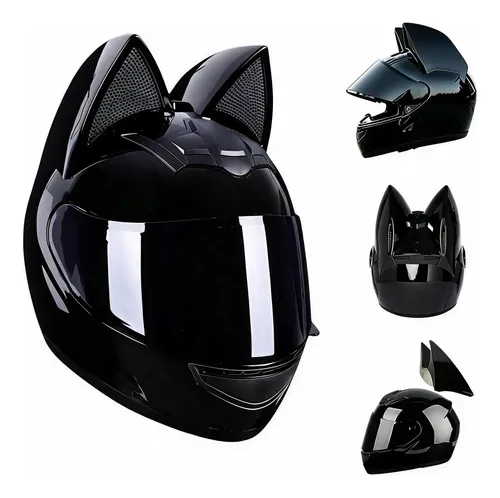 Capacete Moto Fechado Feminino Viseira Fumê Com Orelhas De Gato Brilhante